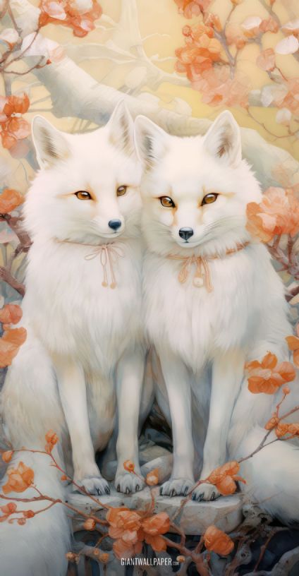 A delightful image of a couple of white foxes sitting together in the snowy landscape, showcasing their adorable companionship and harmony in the wild