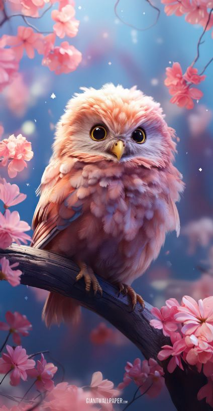 A heartwarming image capturing the charm of a cute, fluffy pink owl perched on a blossoming pink tree, creating a whimsical and delightful scene.