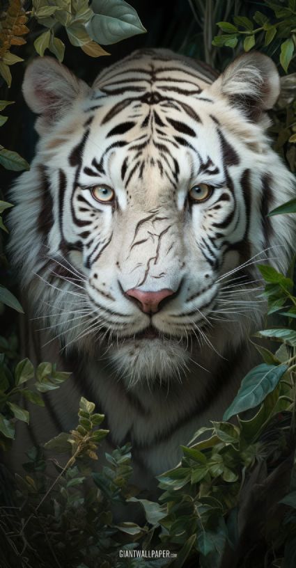 Portrait of a White Tiger Hidden in the Forest Bush