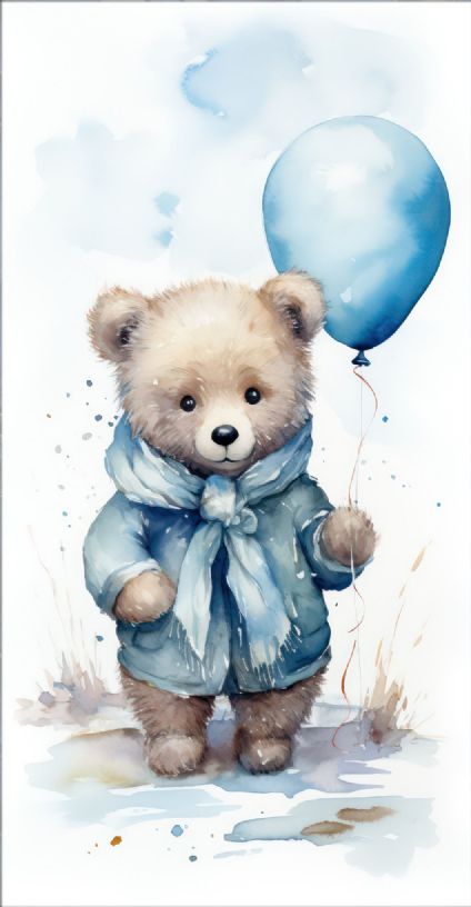 Adorable young teddy bear holding a blue balloon - a cute and heartwarming sight