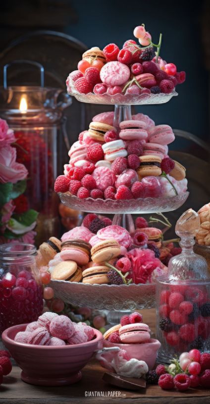 Elegant macaron tower with a delightful assortment of white and red macarons, a tempting dessert display