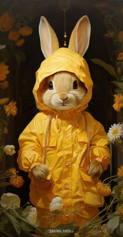 Little rabbit wearing a yellow raincoat - an adorable sight on a rainy day